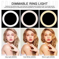 RJUN 10" LED Selfie Ring Light with Tripod Stand & Cell Phone Holder for Live Stream/Makeup,YouTube Video,Shooting with 3 Light Modes & 10 Brightness Level,Up to 22 inches in Height