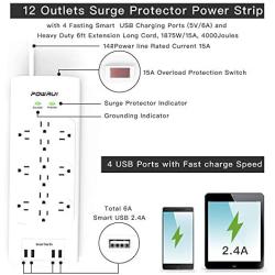 Surge Protector(4000 Joules), POWRUI Power Strip with 12-Outlet and 4 USB Ports(5V/6A, 30W) and 6-Foot Heavy Duty Extension Cord, White