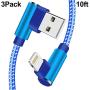 iPhone Lightning Cable 10 FT iPhone Charger 90 Degree Charging Cord 3 Pack Long Nylon Braided USB Charging & Syncing Cable for iPhone 11 Pro Max XS XR X 8 7 Plus 6S 6 iPad(Blue,10ft)