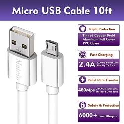 Android Charger Cable for Samsung Galaxy S7, 10Ft 2 Pack Micro USB Cord, Fast Charging USB 2.0 Extremely Durable Cables for Xbox PS4 Controller, Samsung, ZTE, Camera and Smartphone, White