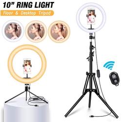 Yesker 10” Ring Light with 51 Inch Floor and Desktop Tripod Stand LED Ringlight 3 Light Modes 10 Brightness Level Phone Holder Selife Remote for Streaming Makeup Photography Zoom Wed Conferencing