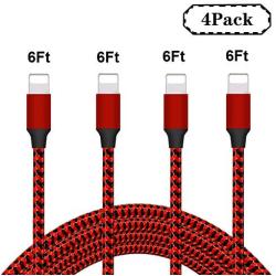 MeiShi MFi Certified iPhone Charger 4 Pack 6FT High Speed Nylon Braided USB Fast Charging&Data Syncs Cord Compatible iPhone Xs/Max/XR/X/8/8Plus/7/7Plus/6S/6S Plus/SE/iPad/iPod (Red+Black).