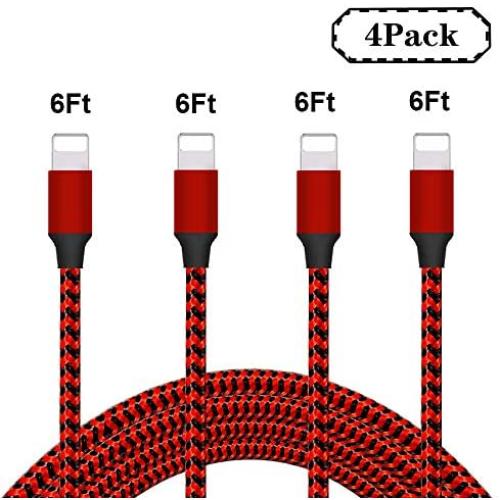 MeiShi MFi Certified iPhone Charger 4 Pack 6FT High Speed Nylon Braided USB Fast Charging&Data Syncs Cord Compatible iPhone Xs/Max/XR/X/8/8Plus/7/7Plus/6S/6S Plus/SE/iPad/iPod (Red+Black).