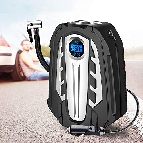 SINYSO 12V DC Digital Tire Inflator, Auto Tire Pump with Emergency Led Lighting and Long Cable for Car - Bicycle - Motorcycle - Basketball and Other[Black+Silver]