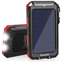 Solar Charger, SUSCELL 20000mAh Portable Solar Power Bank for Cell Phone, Dual 5V/2.1A USB Ports Output and 2 Led Flashlight, Perfect for Outdoor Trip/Emergency