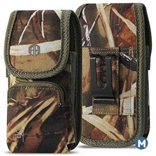 Military Grade Cell Phone Camo Case, Outdoor Carry Pouch Belt Clip Compatible w/ [iPhone 6 6S 7 8 X XR XS (4.7)] Galaxy S20 Kyocera DuraForce rugged Canvas Holster Fits Phone w/ THICK CASE (Medium)