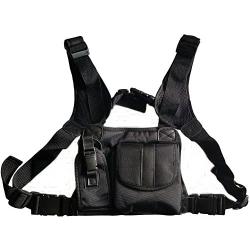 Lewong Universal Hands Free Chest Harness Bag Holster for Two Way Radio (Rescue Essentials) (Leather Black)