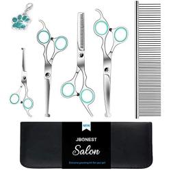 J-Bonest 8PCs Stainless Steel Dog Grooming Scissors Kit, Heavy Duty Pet Grooming Trimmer Set with Thinning, Straight, Curved Shears Comb for Large Small Dog Long Short Curly Hair