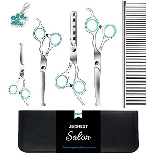 J-Bonest 8PCs Stainless Steel Dog Grooming Scissors Kit, Heavy Duty Pet Grooming Trimmer Set with Thinning, Straight, Curved Shears Comb for Large Small Dog Long Short Curly Hair