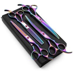 Purple Dragon Professional 7.0 inch 4PCS Pet Grooming Scissors Kit Japan Premium Steel Straight & Curved & Thinning Blade Dog Hair Cutting Shears Set with Case