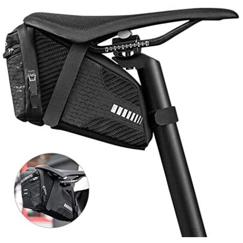 WIOR Strap-on Bike Saddle Bag, 1.5L Waterproof Bike Under Seat Bag with Zipper & Reflective Stripes, Mountain Road Bikes Bicycle Pouch Under Seat for Outdoor Riding Cycling Accessories (Black)