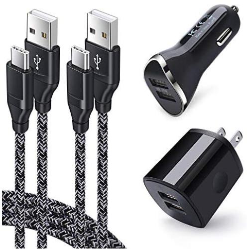 USB Wall Charger, Dual Port Car Charger Adapter with 2Pack 6ft Type C Charging Cable Compatible Samsung S10e S10+ S10 S9+ S9 S8 Note 10 10+ 9 8 A10e A20 A50, Moto G7 Power/G6/Z4/Z3, Google Pixel 3a