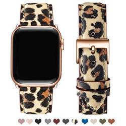 OMIU Square Bands Compatible for Apple Watch 42mm 44mm 38mm 40mm, Genuine Leather Replacement Band Compatible with Apple Watch Series 5/4/3/2/1 Edition (Leopard/Rose Gold, 42mm 44mm)