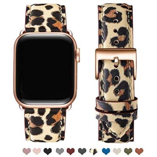 OMIU Square Bands Compatible for Apple Watch 42mm 44mm 38mm 40mm, Genuine Leather Replacement Band Compatible with Apple Watch Series 5/4/3/2/1 Edition (Leopard/Rose Gold, 42mm 44mm)