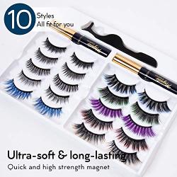 KRONA Magnetic Eyelashes With Eyeliner Kit - 2 Tubes Of Magnetic Eyeliner & 10 Pairs Of Reusable Falsies With 6 Different Colors and Tweezer - Natural Long Full - No Glue Needed