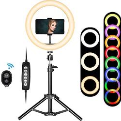 Selfie Ring Light with Stand, 10 inch RGB Desk Ring Light with Tripod Stand and Cell Phone Holder, LED Camera Ringlight for YouTube Video Recording, Makeup, Vlogging, Live Stream, Photography