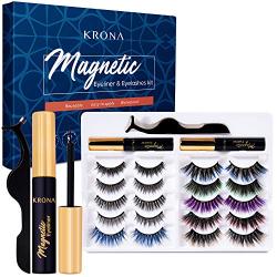 KRONA Magnetic Eyelashes With Eyeliner Kit - 2 Tubes Of Magnetic Eyeliner & 10 Pairs Of Reusable Falsies With 6 Different Colors and Tweezer - Natural Long Full - No Glue Needed