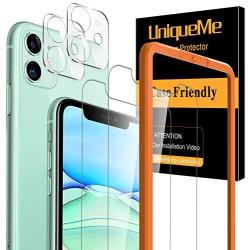 UniqueMe 2 Pack Screen Protector +2 Pack Camera Lens Protector for iPhone 11(6.1 inch) [Easy Install Frame] Tempered Glass, Case-Friendly No-Bubble High Definition-Clear