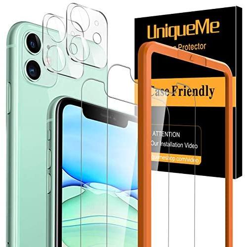 UniqueMe 2 Pack Screen Protector +2 Pack Camera Lens Protector for iPhone 11(6.1 inch) [Easy Install Frame] Tempered Glass, Case-Friendly No-Bubble High Definition-Clear