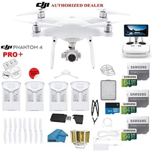 DJI Phantom 4 PRO Plus Drone with 1-inch 20MP 4K Camera KIT With Monitor, 4 Total DJI Batteries, 3 64GB SDXC Cards, Card Reader 3.0, Prop Guards, Range Extender, Harness with Charging Hub (White)