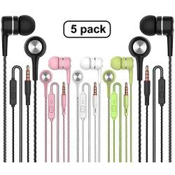 Earbuds Earphones with Microphone,5pack Ear Buds Wired Headphones,Noise Islating Earbuds,Fits All 3.5mm Interface for iPad,iPod,Mp3 Players,Android and iOS Smartphones(Black+Pink+White+Green)