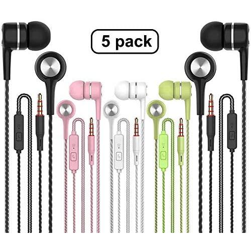 Earbuds Earphones with Microphone,5pack Ear Buds Wired Headphones,Noise Islating Earbuds,Fits All 3.5mm Interface for iPad,iPod,Mp3 Players,Android and iOS Smartphones(Black+Pink+White+Green)