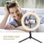 LED Ring Light with Tripod Stand 10" for Video and Lighted Makeup Mirror Cell Phone Holder Desktop LED Lamp with 3 Light Modes - Lighted Vanity Makeup Mirror; 5X Magnification (Plastic Mirror)