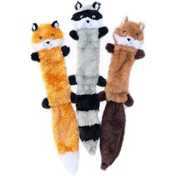 ZippyPaws - Skinny Peltz No Stuffing Squeaky Plush Dog Toy, Fox, Raccoon, and Squirrel - Large