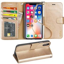 Arae Case for iPhone X/Xs, Premium PU Leather Wallet Case [Wrist Straps] Flip Folio [Kickstand Feature] with ID&Credit Card Pockets for iPhone X (2017) / Xs (2018) 5.8 inch (Champagne Gold)