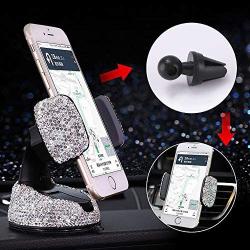 Car Phone Holder Adjustable Universal Bling Strong Sticky Dashboard Air Vent Base Car Air Vent Phone Mount Dashboard Cell Phone Holder Diamond Suction Cup Holder (White)