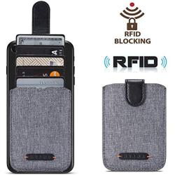 BIAJIYA Card Holder for Back of Phone RFID 5 Pull Credit Card Cash Cell Wallet Pocket Canva Leather Case for iPhone/Android/Samsung/Smartphones (Black)