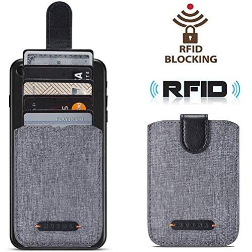 BIAJIYA Card Holder for Back of Phone RFID 5 Pull Credit Card Cash Cell Wallet Pocket Canva Leather Case for iPhone/Android/Samsung/Smartphones (Black)