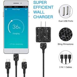 SAVORI Dual USB Wall Charger, Bling Rhinestones Wall Charger Plug Power Adapter with USB 3-in-1 Multi Charging Cable Compatible with iPhone iPad Android Type C Phones (Black)