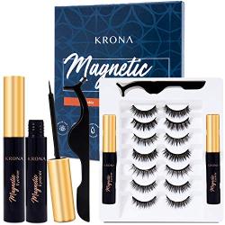 KRONA 3D Magnetic Eyelashes With Eyeliner Kit - 7 Pairs Of Reusable Lashes With Tweezer - Natural Long Full, Dramatic Looking Eyelashes Set - No Glue Needed