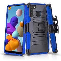 CasemartUSA Phone Case for [Samsung Galaxy A21], [Refined Series][Blue] Shockproof Cover with Built-in Kickstand & Belt Clip Holster for Samsung Galaxy A21 (Verzion, Boost Mobile, T-Mobile, Metro)