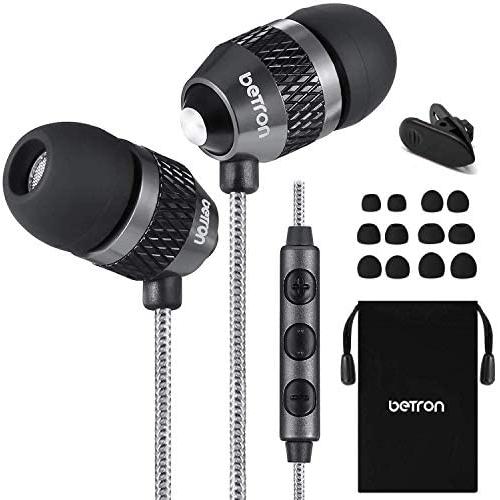 Betron B25 Earphones with Mic and Volume Control, Powerful Bass, Noise Isolating in-Ear Headphones, Replaceable Earbuds, Compatible with iPhone, iPad, Tablets, Samsung Mobile Phones, Black