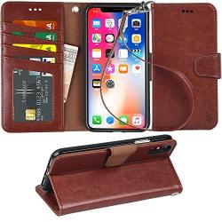 Arae Case for iPhone X/Xs, Premium PU Leather Wallet Case [Wrist Straps] Flip Folio [Kickstand Feature] with ID&Credit Card Pockets for iPhone X (2017) / Xs (2018) 5.8 inch (not for Xr) (Brown)