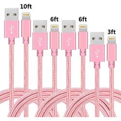 4Pack(3ft 6ft 6ft 10ft) iPhone Lightning Cable Apple MFi Certified Braided Nylon Fast Charger Cable Compatible iPhone Max XS XR 8 Plus 7 Plus 6s 5s 5c Air iPad Mini iPod (Pink)