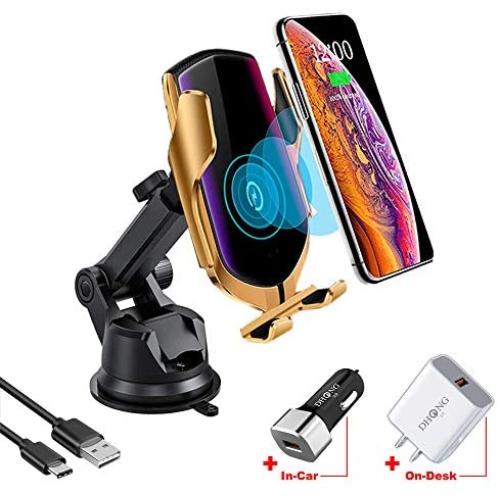 DHong Smart in-Car Mobile Phone Holder IR Sensor Automatic Clamping Plus 10W Qi Wireless Fast Charging Car Charger Compatible for iPhone 8 Xs XR Galaxy S9 S8 S7 Note9 (Gold + Suctorial Cup Bracket)