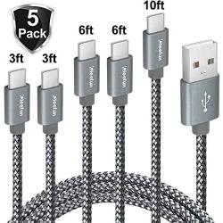 USB C Cable Durable Nylon Braided, [5-Pack, 3/3/6/6/10 ft] Cleefun Fast Charge Type C Charger Charging Cord For Samsung Galaxy S8 S9 S10 Plus S8+ S9+ S10e, Note 8 9 10, LG G7 G6 G5 V30 V20, Pixel 2 XL