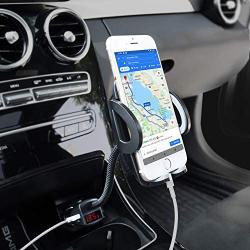 Amoner Car Phone Mount, Adjustable 4-in-1 Cigarette Lighter Cell Phone Holder with Dual USB 3.1A Charger Voltage Detector Car Mount Cradle for iPhone 11 Pro XS X XR 8 7 Samsung Galaxy S10 S9 S8