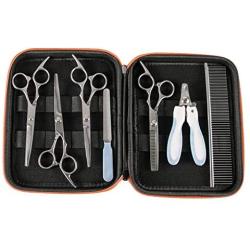 Qucey 4CR Stainless Steel Grooming Scissors Kit for Dogs, Professional Curved, Thinning, Straight Scissors with Comb, Nail Clipper and Nail File 7 in 1 Grooming Shears for Dogs and Cats