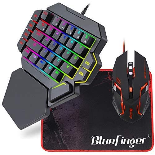 BlueFinger RGB One Hand Mechanical Gaming Keyboard and Backlit Mouse Combo,USB Wired Rainbow Letters Glow Single Hand Mechanical Keyboard with Wrist Rest Support, Gaming Keyboard Set for Game