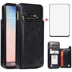 Phone Case for Samsung Galaxy S10e with Tempered Glass Screen Protector and Card Holder Wallet Cover Stand Flip Leather Cell Accessories Glaxay S 10e Gaxaly 10se Galaxies Se10 Cases Women Men Black