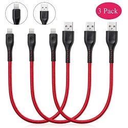 Short 1Ft iPhone Charging Cable, 3 Pack 1 Feet Lightning Cable Certified Nylon Braided Fast Charger Cord Compatible with iPhone XR X 8 7 6S 6 Plus iPad 2 3 4 Mini, iPad Pro Air, iPod (Red)