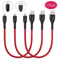 Short 1Ft iPhone Charging Cable, 3 Pack 1 Feet Lightning Cable Certified Nylon Braided Fast Charger Cord Compatible with iPhone XR X 8 7 6S 6 Plus iPad 2 3 4 Mini, iPad Pro Air, iPod (Red)