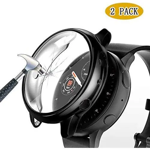 (2 Pack) Fvlerz Case for Samsung Galaxy Watch Active 2 Screen Protector 44mm,HD Hard PMMA Screen Protector, Slim Guard Thin Bumper Full Coverage Cover for Galaxy Watch Active 2 Accessories (Black)