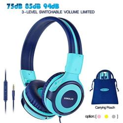 SIMOLIO Foldable Headphones for Kids with Mic, 94dB-85dB-75dB Kid Headphone with Share Port, Stereo Wired Headphones Hearing Protection for Youth Boys,Girls, Portable Pouch for School/Travel (Mint)