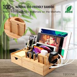 Darfoo Bamboo Charging Station Organizer for Multiple Devices with iWatch&Airpod Stand | Desktop Docking Station Organizer for iPhone, Android Phone, Storage Drawer(5 Charging Cables, No USB Charger)