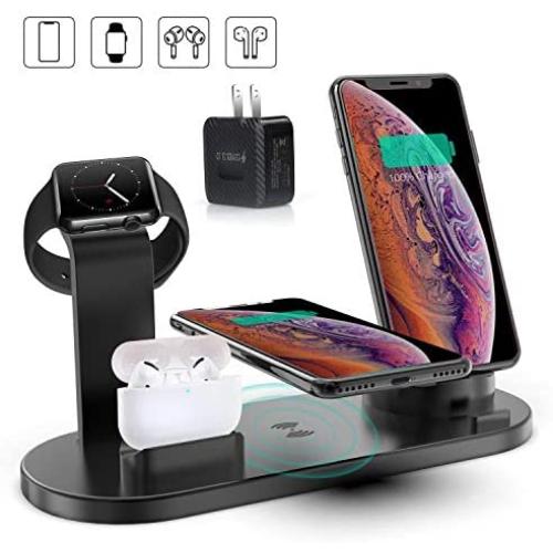 4 in 1 Wirelesse Charging Station, Compatible for AirPods/iPhone/iWatch Series, Qi Fast Wireless Charger Stand Dock for iPhone 11/11 Pro Max/X/XR/XS/ 8/8P